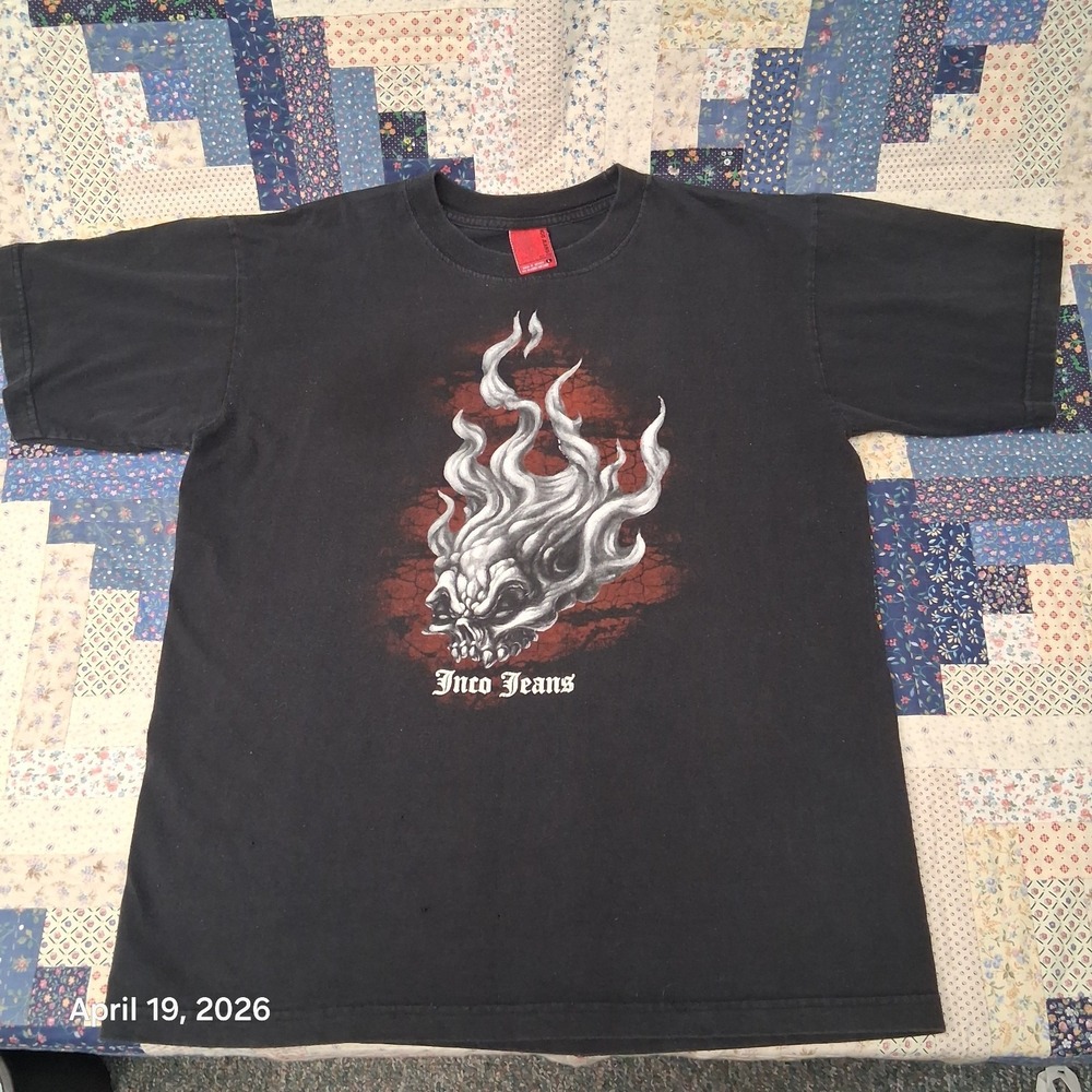 Vintage Y2K JNCO Jeans Flame Skull T Shirt Size Large Black Gothic Grunge
